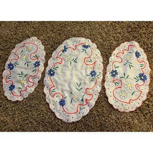 set of 3 Matching Doilies vintage Red/blue/green Floral Hand Embroidery